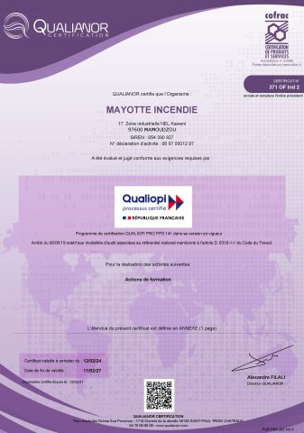 Certificat Qualiopi décerné par Qualianor. QUALIANOR Certification est accrédité (attestation d'accréditation n°5-0589, portée disponible sur le site www.cofrac.fr) pour réaliser la certification selon l'arrêté du 6 juin 2019 relatif aux exigences de l'accréditation des organismes certificateurs.